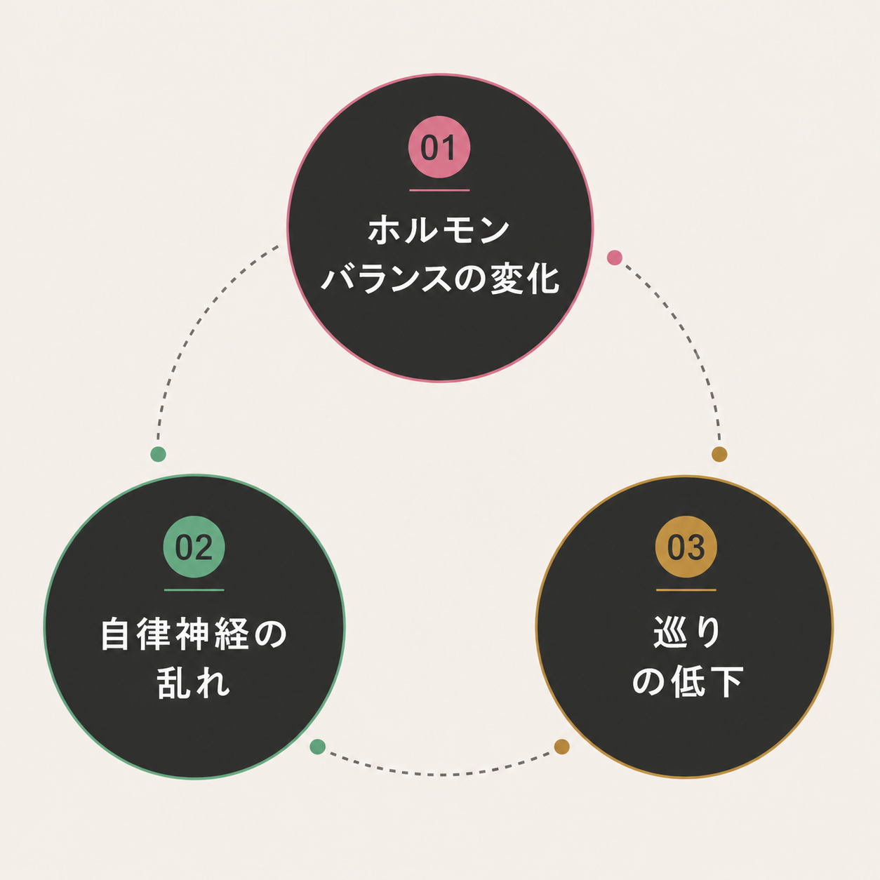 その不調の原因。01 ホルモンバランスの変化、02 自律神経の乱れ、03 巡りの低下
